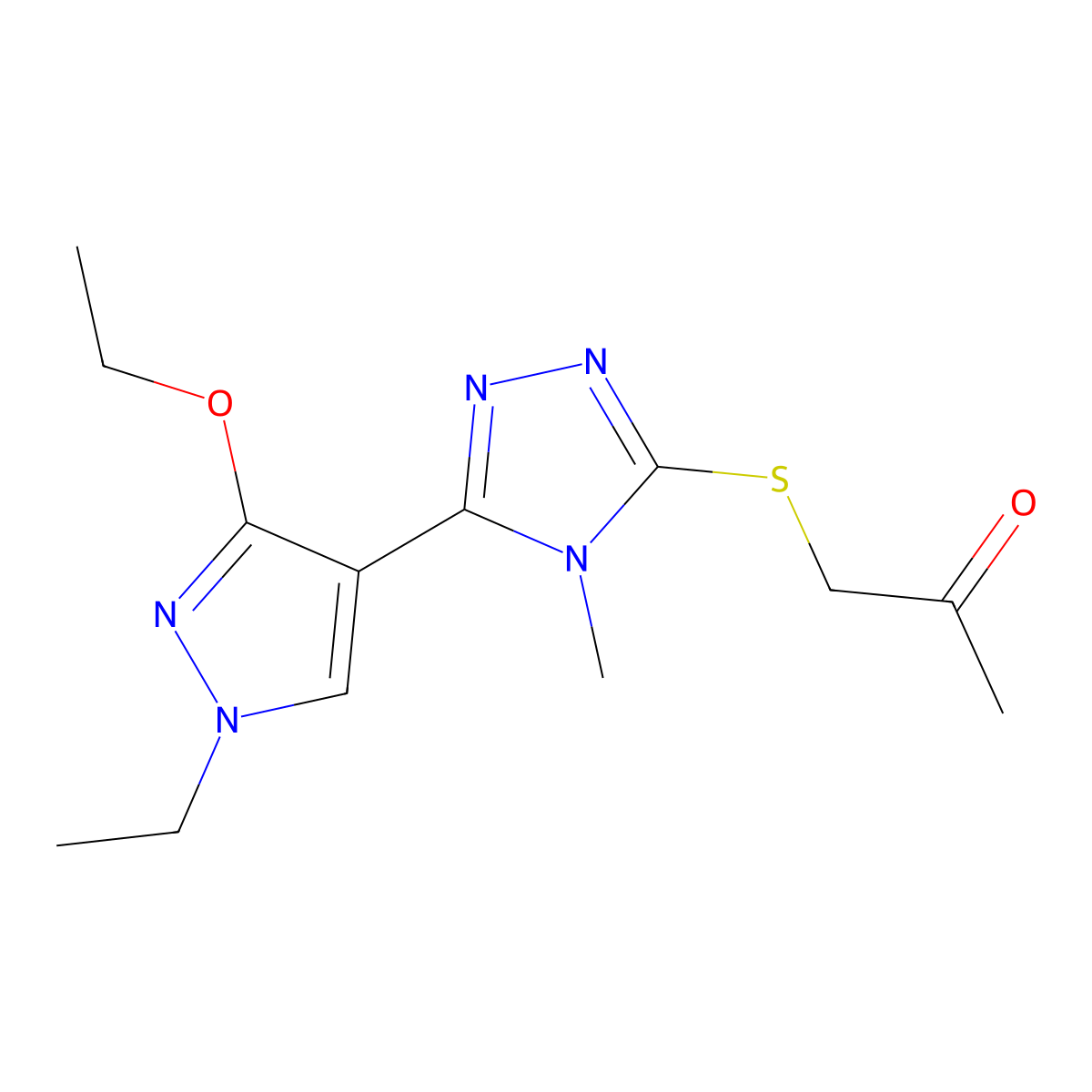 1-((5-(3-ethoxy-1-ethyl-1H-pyrazol-4-yl)-4-methyl-4H-1,2,4-triazol-3-yl)thio)propan-2-one molecular structure, CAS 1013788-05-0