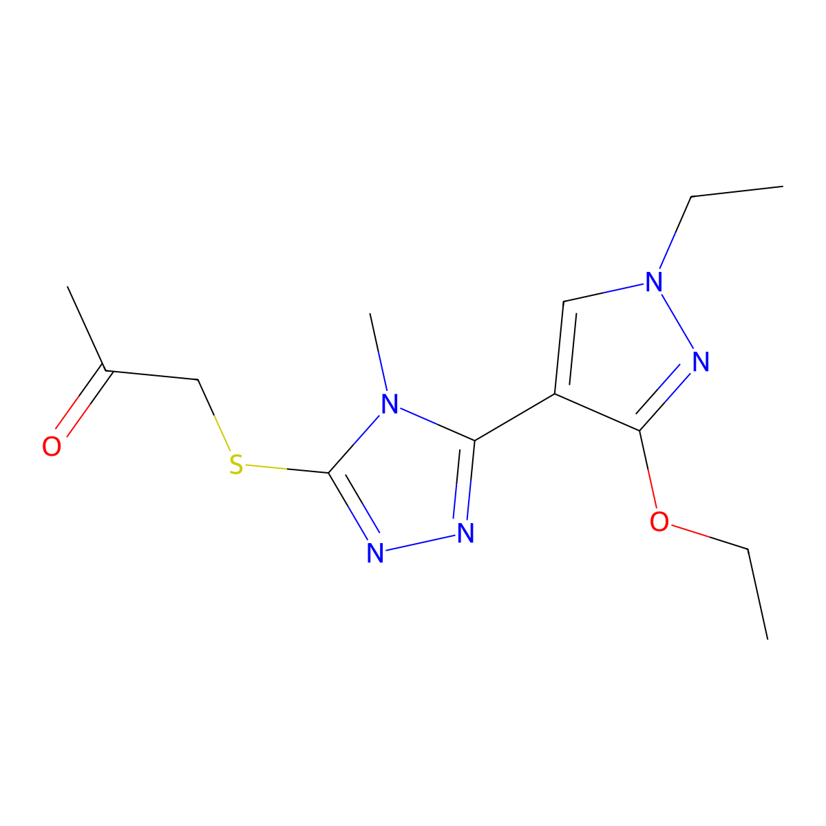 1-((5-(3-ethoxy-1-ethyl-1H-pyrazol-4-yl)-4-methyl-4H-1,2,4-triazol-3-yl)thio)propan-2-one molecular structure, CAS 1013788-05-0