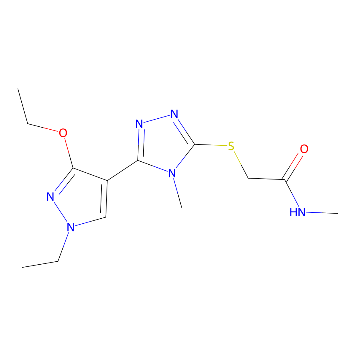 2-((5-(3-ethoxy-1-ethyl-1H-pyrazol-4-yl)-4-methyl-4H-1,2,4-triazol-3-yl)thio)-N-methylacetamide molecular structure, CAS 1013788-11-8