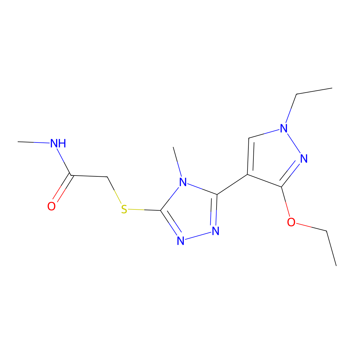 2-((5-(3-ethoxy-1-ethyl-1H-pyrazol-4-yl)-4-methyl-4H-1,2,4-triazol-3-yl)thio)-N-methylacetamide molecular structure, CAS 1013788-11-8