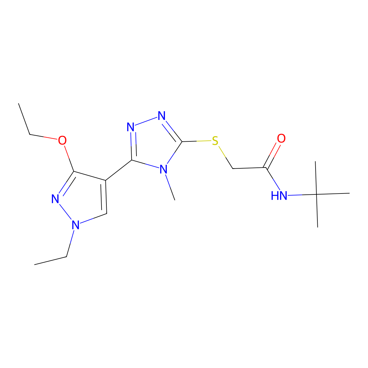 N-(tert-butyl)-2-((5-(3-ethoxy-1-ethyl-1H-pyrazol-4-yl)-4-methyl-4H-1,2,4-triazol-3-yl)thio)acetamide molecular structure, CAS 1013788-30-1