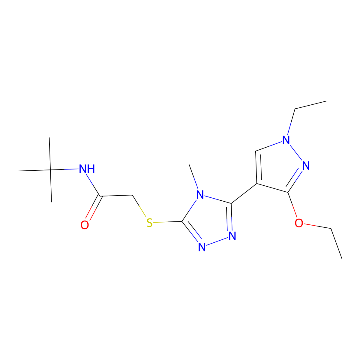 N-(tert-butyl)-2-((5-(3-ethoxy-1-ethyl-1H-pyrazol-4-yl)-4-methyl-4H-1,2,4-triazol-3-yl)thio)acetamide molecular structure, CAS 1013788-30-1