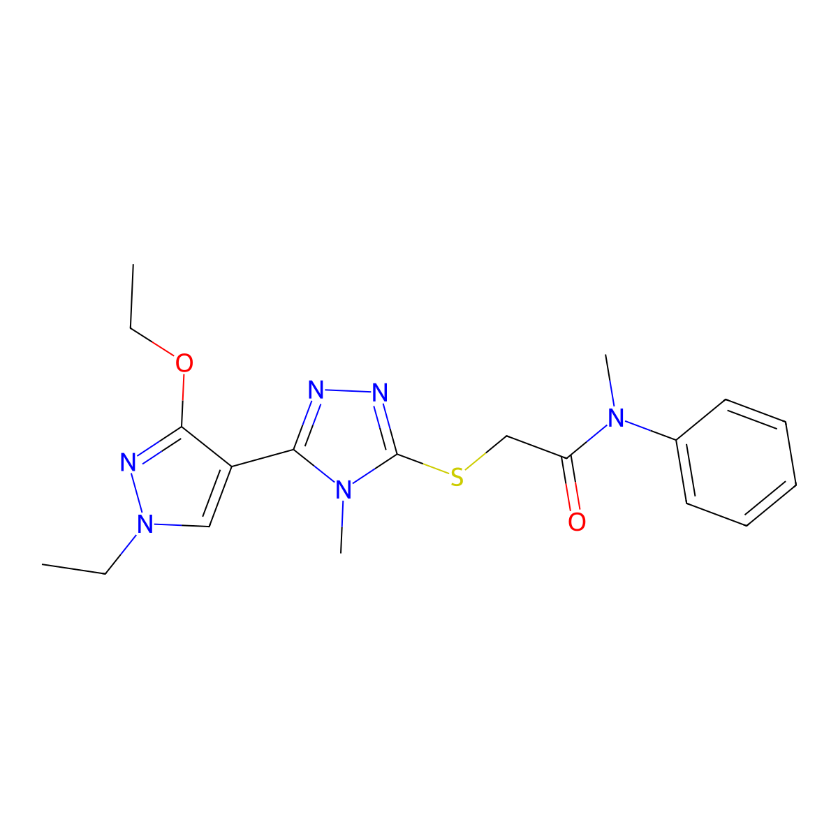 2-((5-(3-ethoxy-1-ethyl-1H-pyrazol-4-yl)-4-methyl-4H-1,2,4-triazol-3-yl)thio)-N-methyl-N-phenylacetamide molecular structure, CAS 1013788-40-3