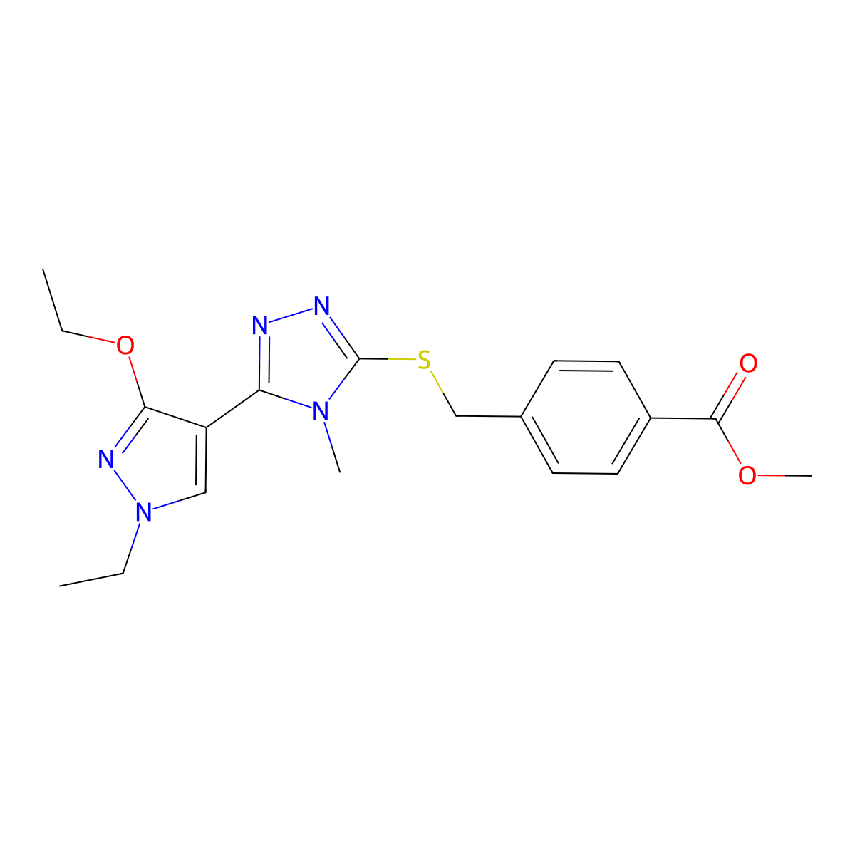 methyl 4-(((5-(3-ethoxy-1-ethyl-1H-pyrazol-4-yl)-4-methyl-4H-1,2,4-triazol-3-yl)thio)methyl)benzoate molecular structure, CAS 1013788-69-6