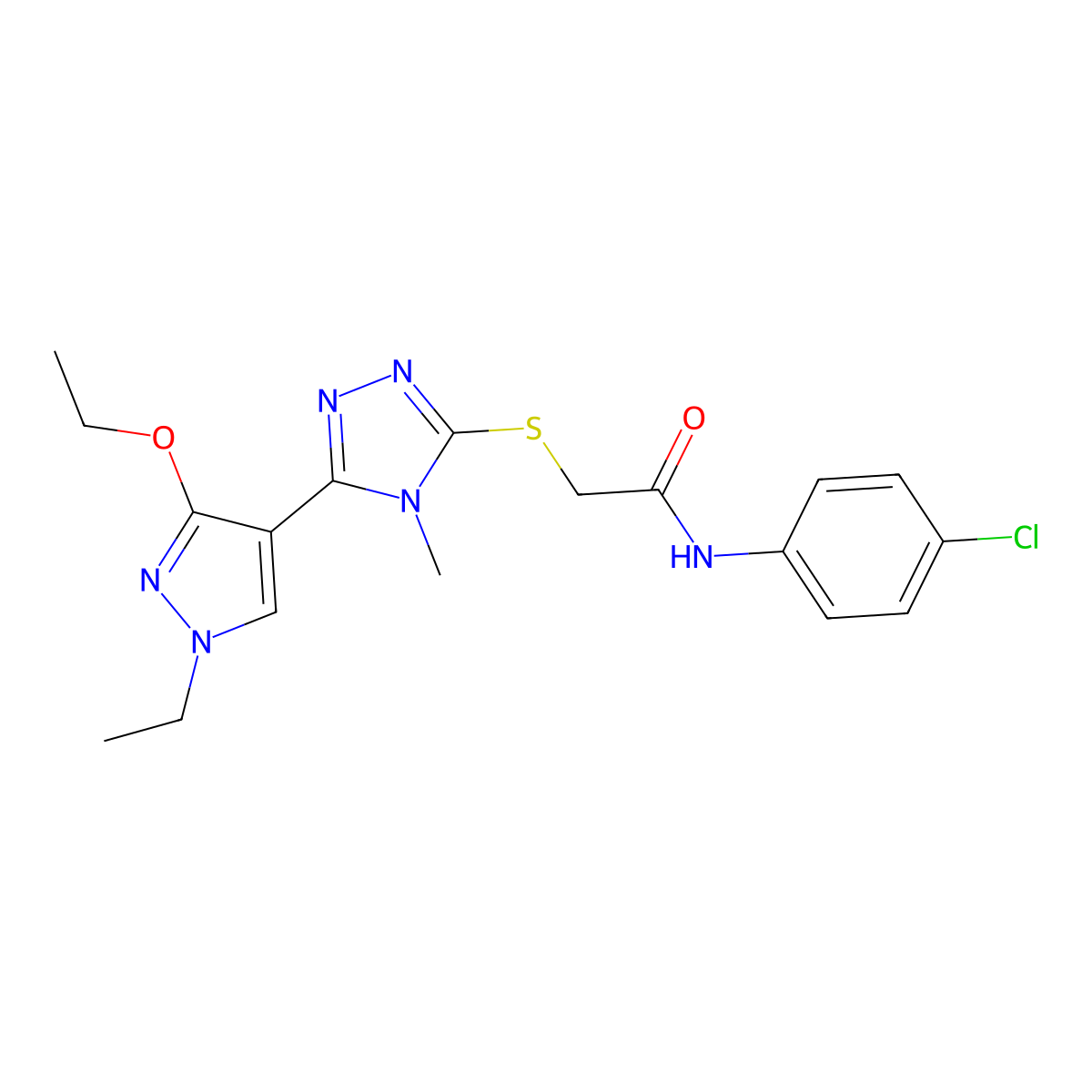 N-(4-chlorophenyl)-2-((5-(3-ethoxy-1-ethyl-1H-pyrazol-4-yl)-4-methyl-4H-1,2,4-triazol-3-yl)thio)acetamide molecular structure, CAS 1013788-88-9