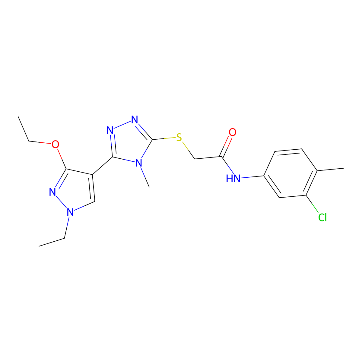 N-(3-chloro-4-methylphenyl)-2-((5-(3-ethoxy-1-ethyl-1H-pyrazol-4-yl)-4-methyl-4H-1,2,4-triazol-3-yl)thio)acetamide molecular structure, CAS 1013789-07-5