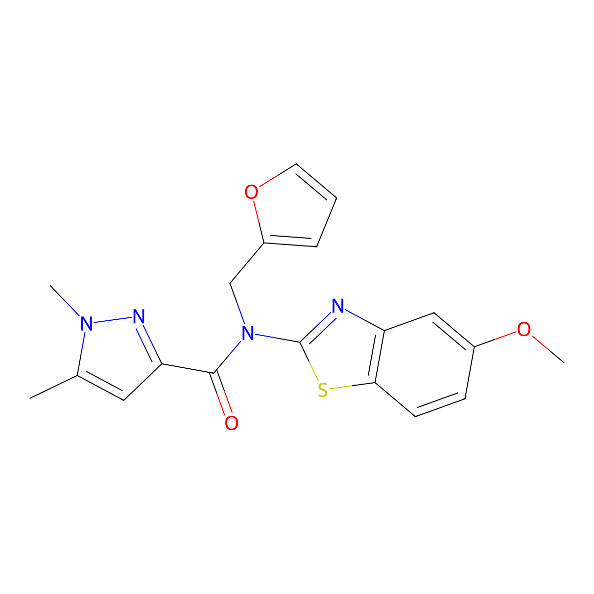 N-(furan-2-ylmethyl)-N-(5-methoxybenzo[d]thiazol-2-yl)-1,5-dimethyl-1H-pyrazole-3-carboxamide molecular structure, CAS 1013794-85-8