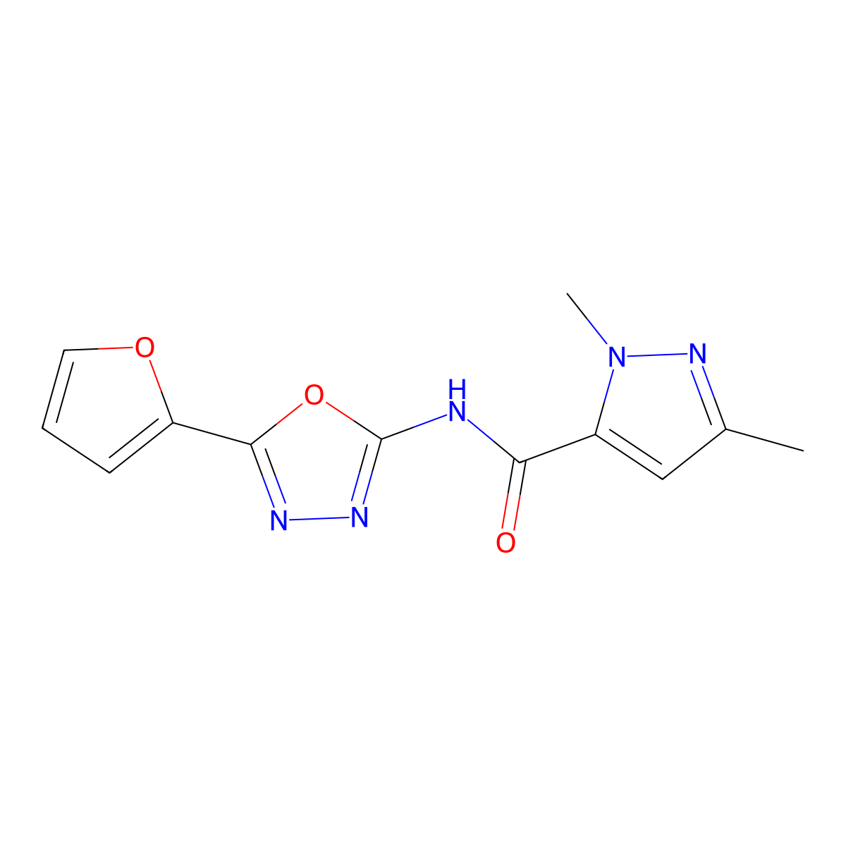 N-(5-(furan-2-yl)-1,3,4-oxadiazol-2-yl)-1,3-dimethyl-1H-pyrazole-5-carboxamide molecular structure, CAS 1013795-01-1