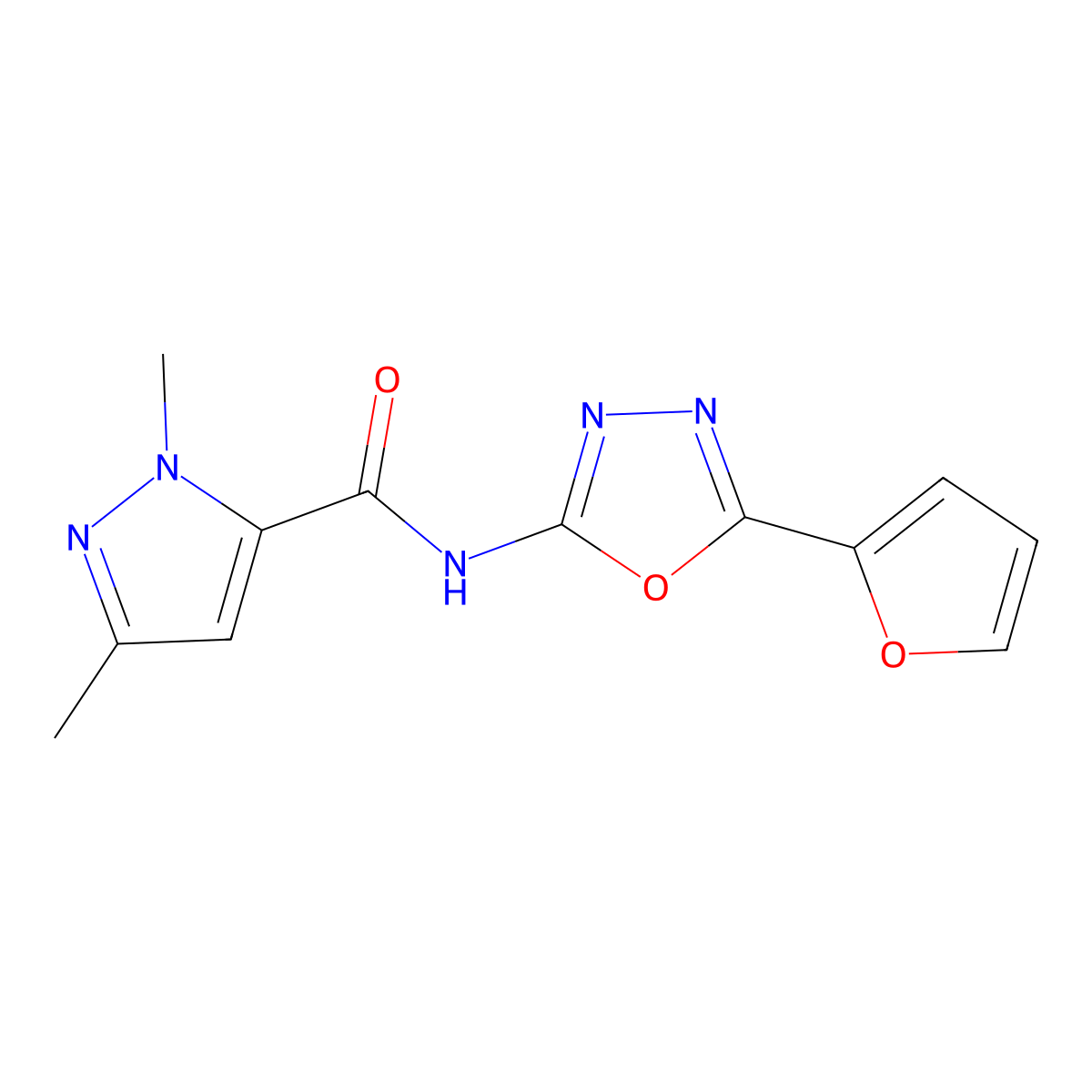 N-(5-(furan-2-yl)-1,3,4-oxadiazol-2-yl)-1,3-dimethyl-1H-pyrazole-5-carboxamide molecular structure, CAS 1013795-01-1