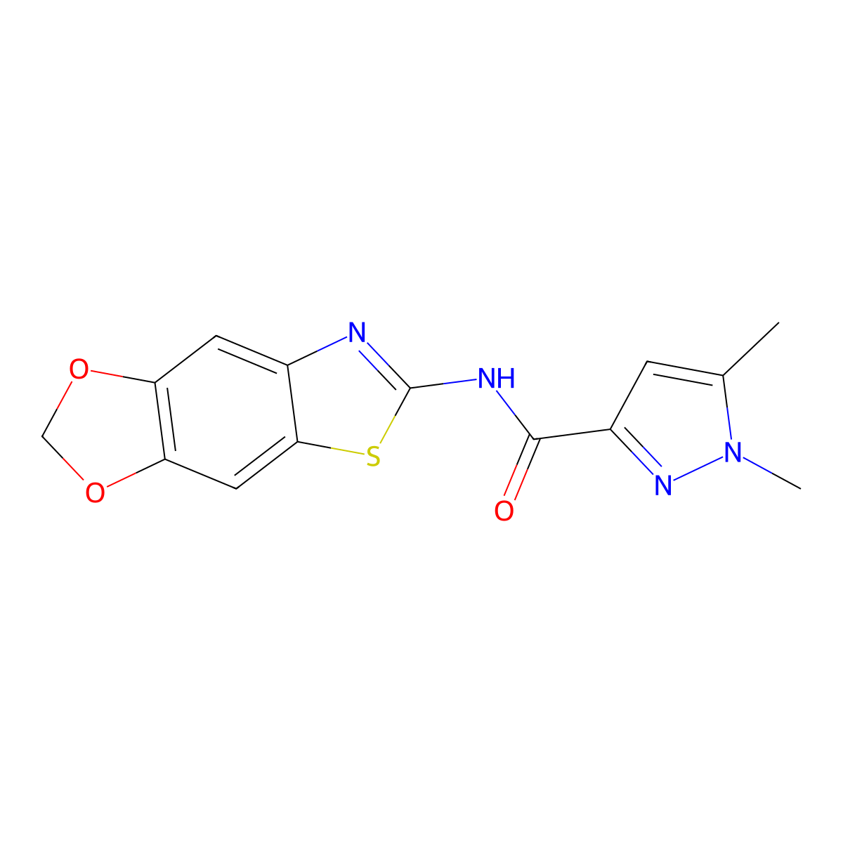 N-([1,3]dioxolo[4',5':4,5]benzo[1,2-d]thiazol-6-yl)-1,5-dimethyl-1H-pyrazole-3-carboxamide molecular structure, CAS 1013795-12-4