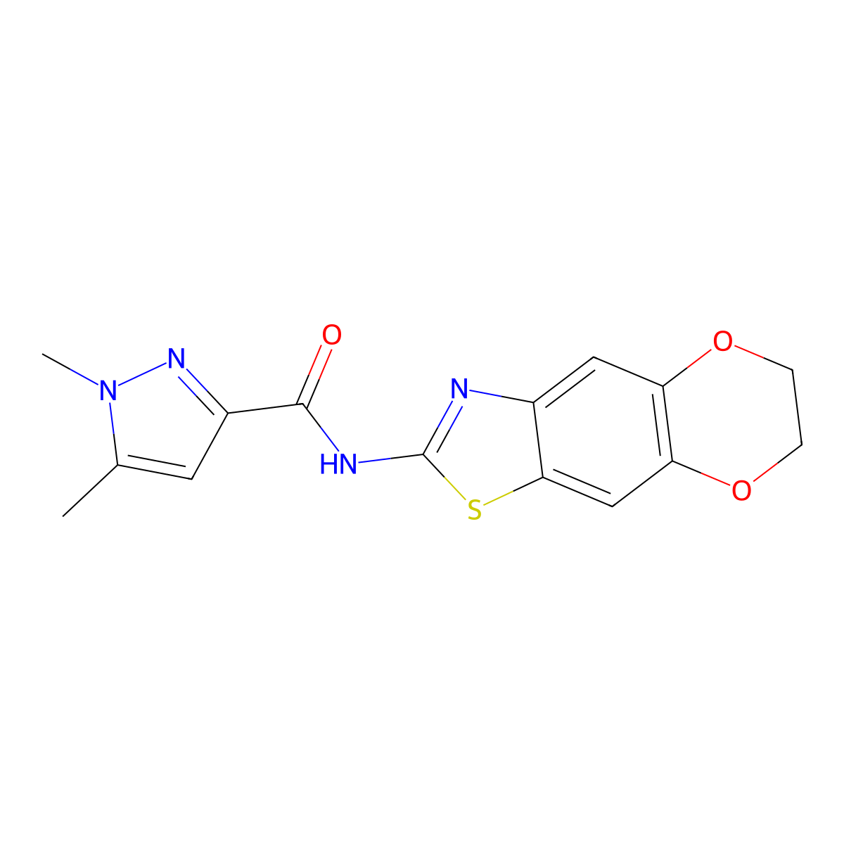 N-(6,7-dihydro-[1,4]dioxino[2',3':4,5]benzo[1,2-d]thiazol-2-yl)-1,5-dimethyl-1H-pyrazole-3-carboxamide molecular structure, CAS 1013795-20-4