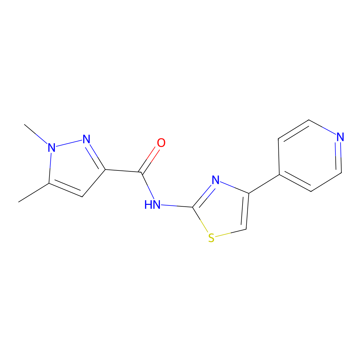 1,5-dimethyl-N-(4-(pyridin-4-yl)thiazol-2-yl)-1H-pyrazole-3-carboxamide molecular structure, CAS 1013795-25-9