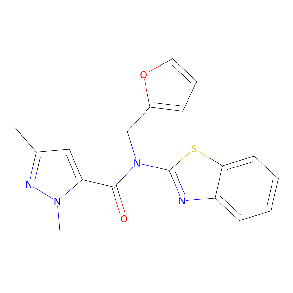 N-(benzo[d]thiazol-2-yl)-N-(furan-2-ylmethyl)-1,3-dimethyl-1H-pyrazole-5-carboxamide molecular structure, CAS 1013795-26-0
