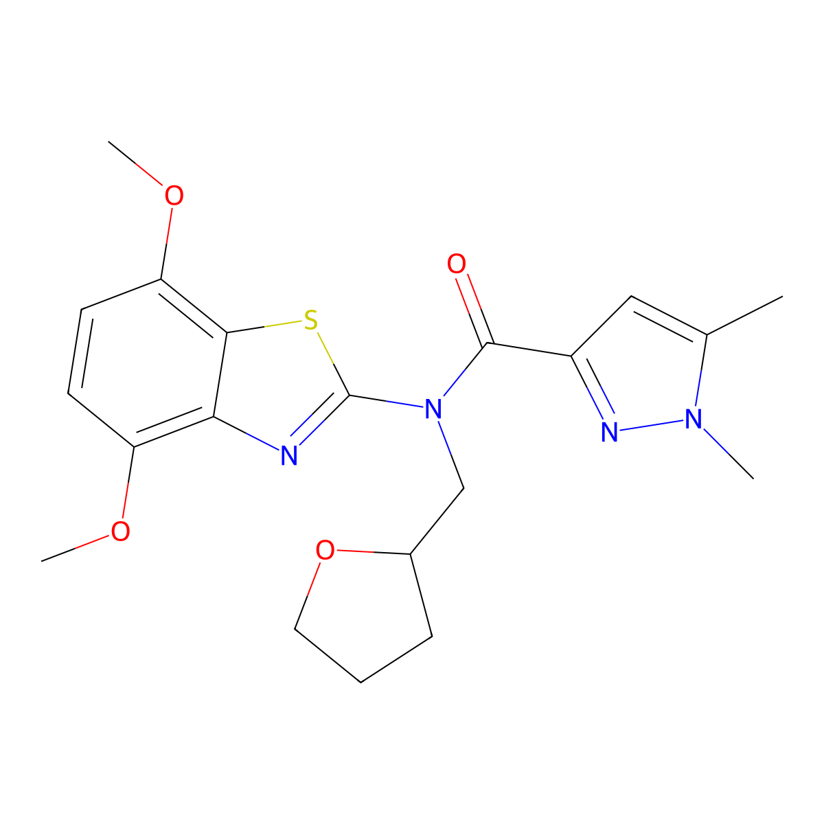N-(4,7-dimethoxybenzo[d]thiazol-2-yl)-1,5-dimethyl-N-((tetrahydrofuran-2-yl)methyl)-1H-pyrazole-3-carboxamide molecular structure, CAS 1013795-37-3