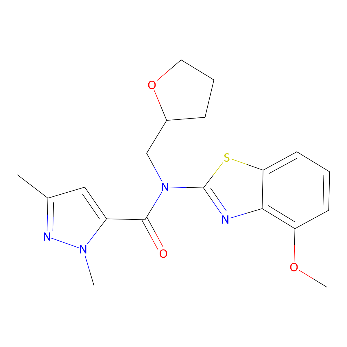 N-(4-methoxybenzo[d]thiazol-2-yl)-1,3-dimethyl-N-((tetrahydrofuran-2-yl)methyl)-1H-pyrazole-5-carboxamide molecular structure, CAS 1013795-40-8