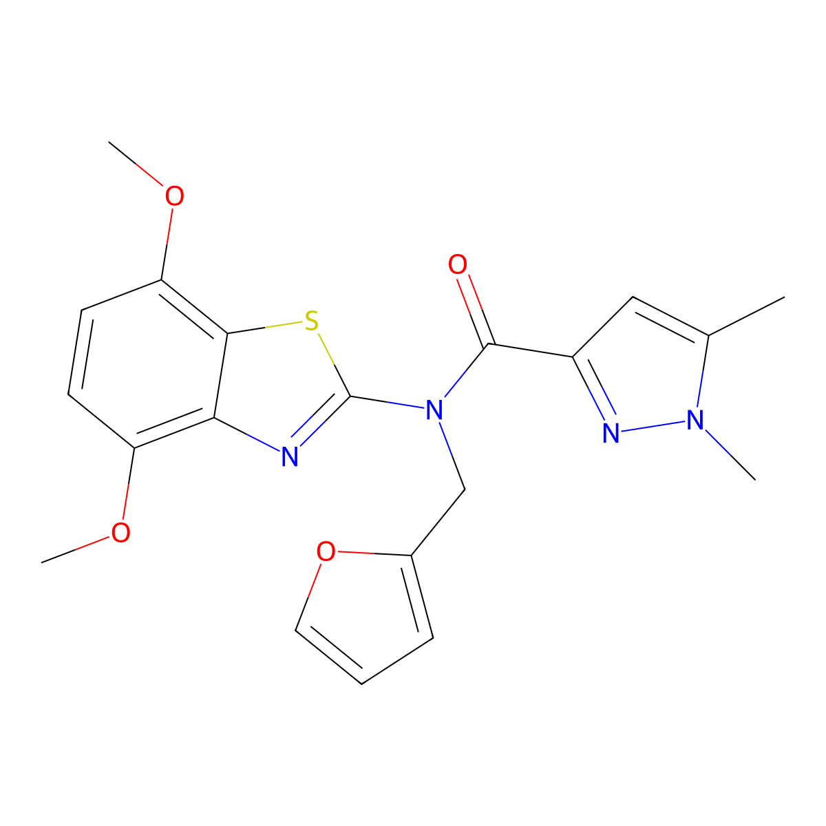 N-(4,7-dimethoxybenzo[d]thiazol-2-yl)-N-(furan-2-ylmethyl)-1,5-dimethyl-1H-pyrazole-3-carboxamide molecular structure, CAS 1013795-49-7