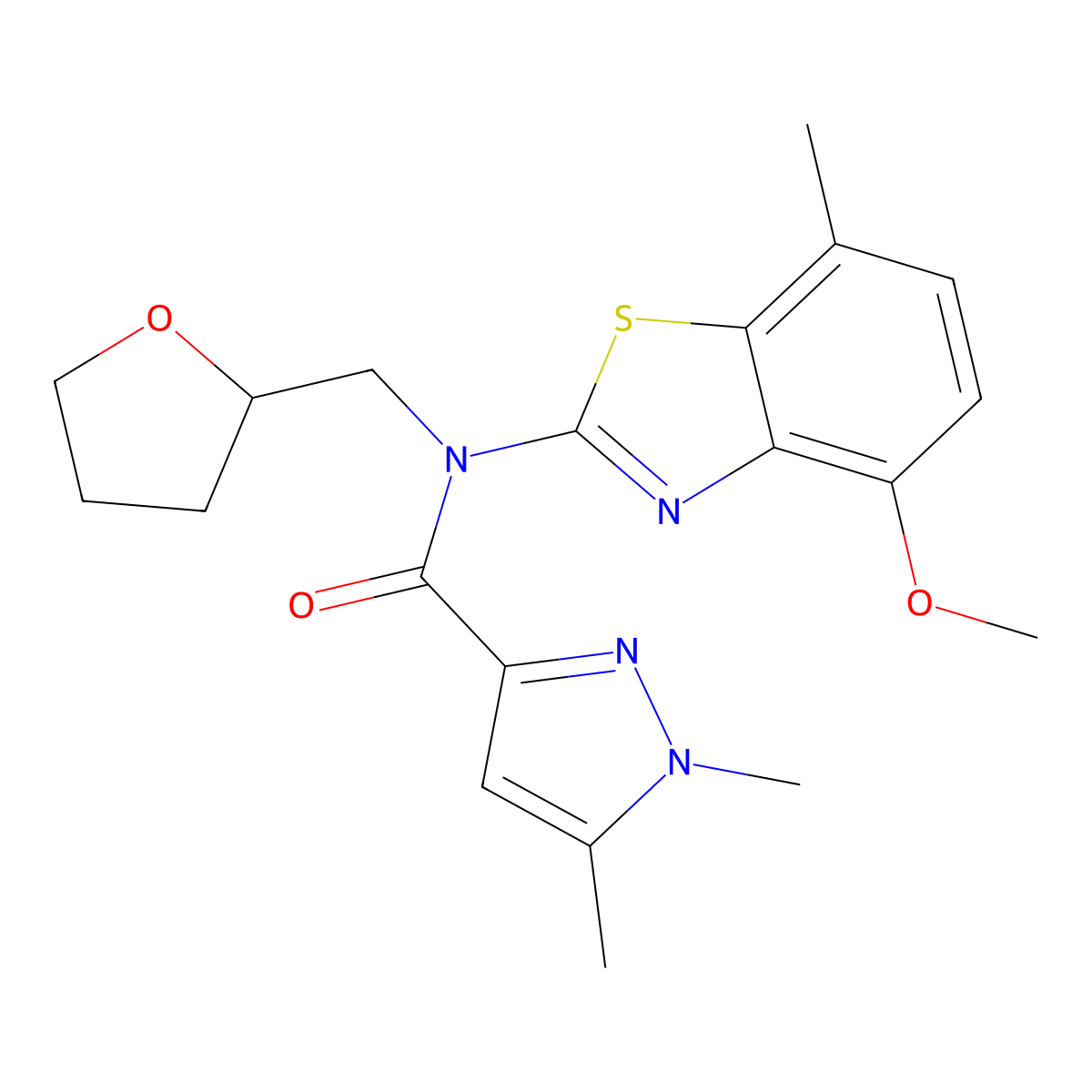 N-(4-methoxy-7-methylbenzo[d]thiazol-2-yl)-1,5-dimethyl-N-((tetrahydrofuran-2-yl)methyl)-1H-pyrazole-3-carboxamide molecular structure, CAS 1013795-63-5