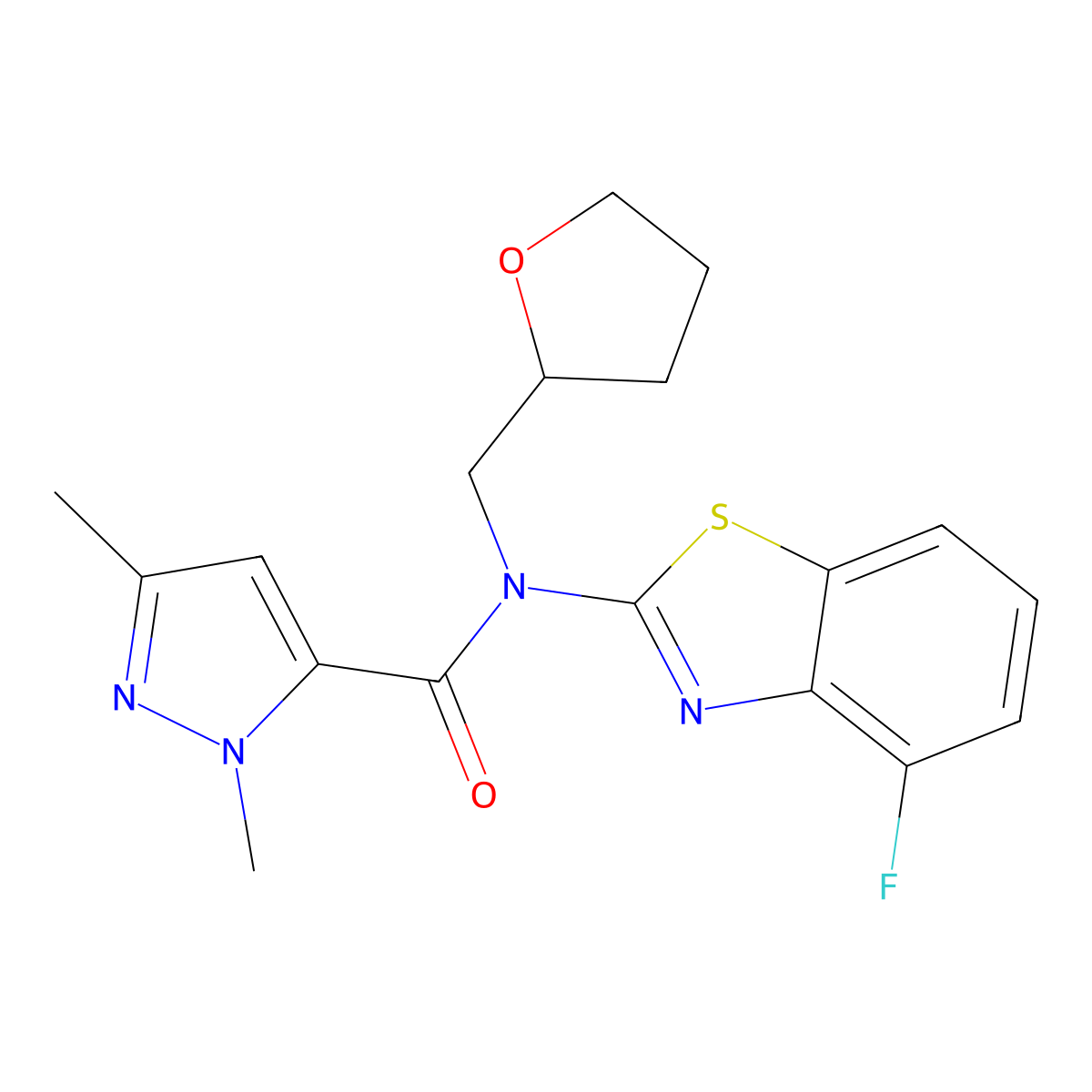 N-(4-fluorobenzo[d]thiazol-2-yl)-1,3-dimethyl-N-((tetrahydrofuran-2-yl)methyl)-1H-pyrazole-5-carboxamide molecular structure, CAS 1013795-89-5