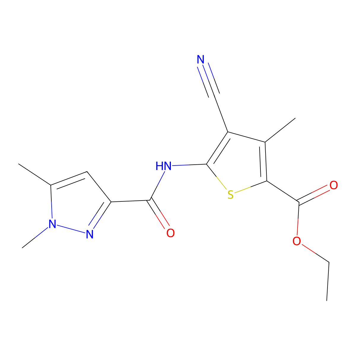 ethyl 4-cyano-5-(1,5-dimethyl-1H-pyrazole-3-carboxamido)-3-methylthiophene-2-carboxylate molecular structure, CAS 1013796-16-1