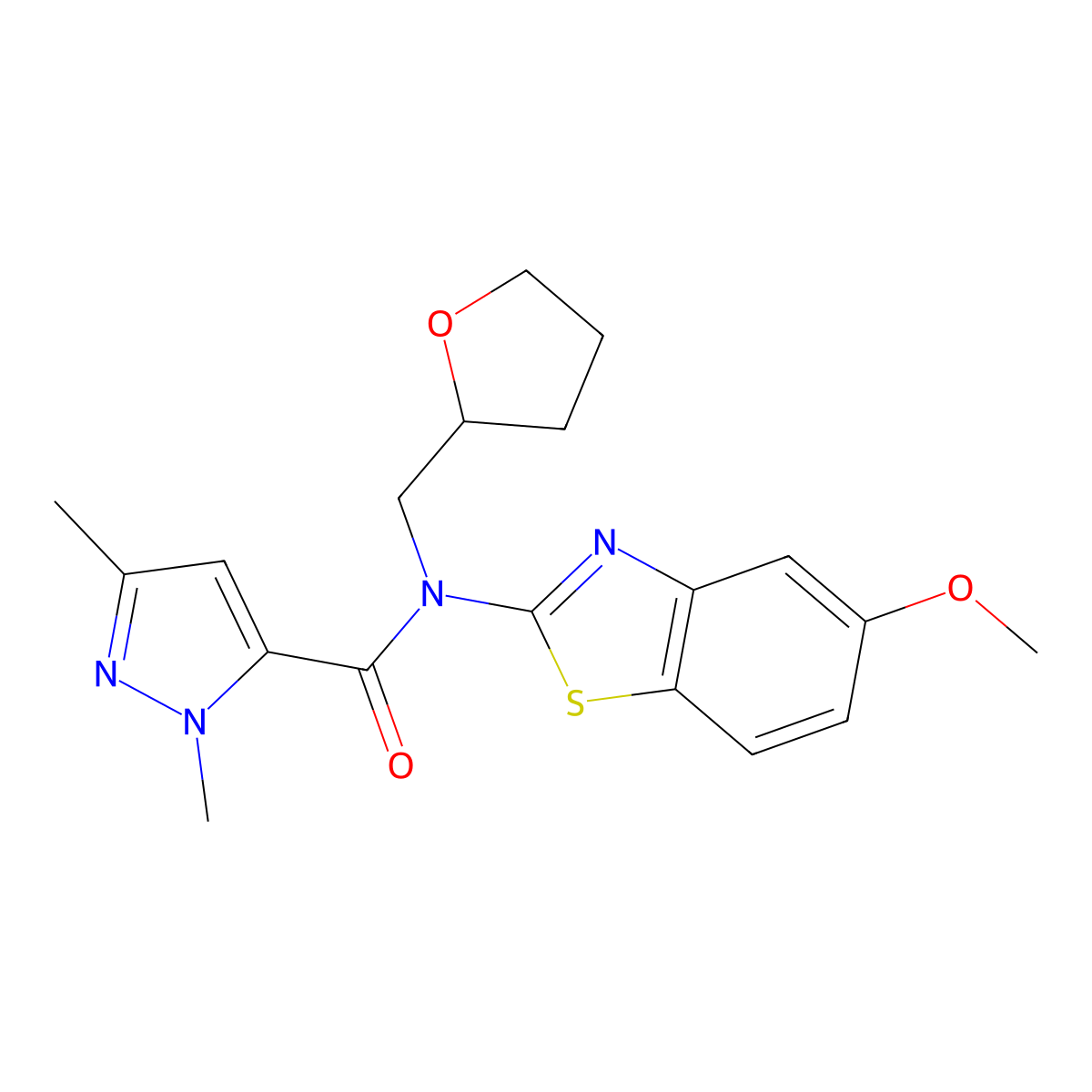 N-(5-methoxybenzo[d]thiazol-2-yl)-1,3-dimethyl-N-((tetrahydrofuran-2-yl)methyl)-1H-pyrazole-5-carboxamide molecular structure, CAS 1013796-24-1