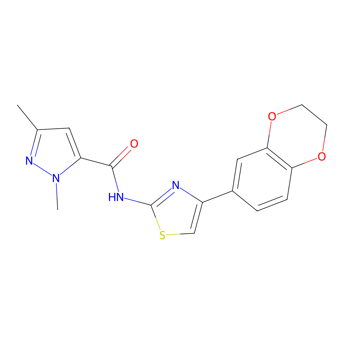 N-(4-(2,3-dihydrobenzo[b][1,4]dioxin-6-yl)thiazol-2-yl)-1,3-dimethyl-1H-pyrazole-5-carboxamide molecular structure, CAS 1013796-31-0