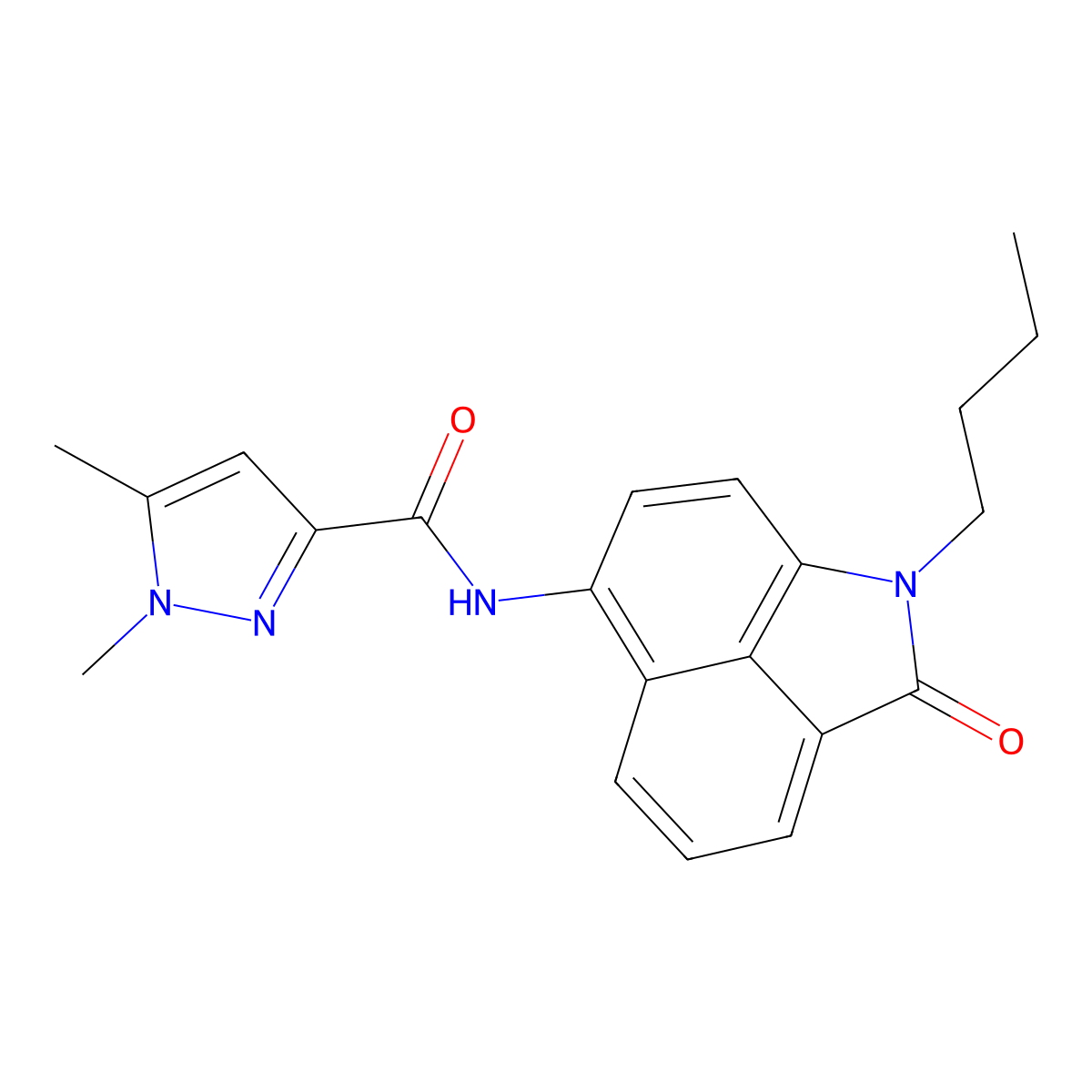 N-{2-butyl-3-oxo-2-azatricyclo[6.3.1.0^{4,12}]dodeca-1(11),4,6,8(12),9-pentaen-9-yl}-1,5-dimethyl-1H-pyrazole-3-carboxamide molecular structure, CAS 1013796-66-1