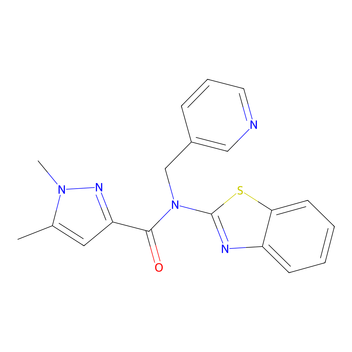 N-(benzo[d]thiazol-2-yl)-1,5-dimethyl-N-(pyridin-3-ylmethyl)-1H-pyrazole-3-carboxamide molecular structure, CAS 1013796-71-8