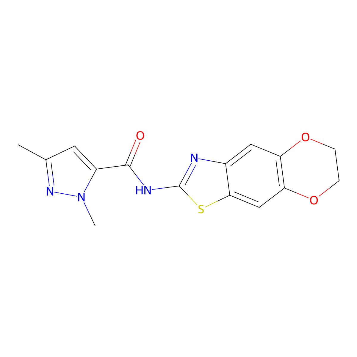 N-(6,7-dihydro-[1,4]dioxino[2',3':4,5]benzo[1,2-d]thiazol-2-yl)-1,3-dimethyl-1H-pyrazole-5-carboxamide molecular structure, CAS 1013796-73-0