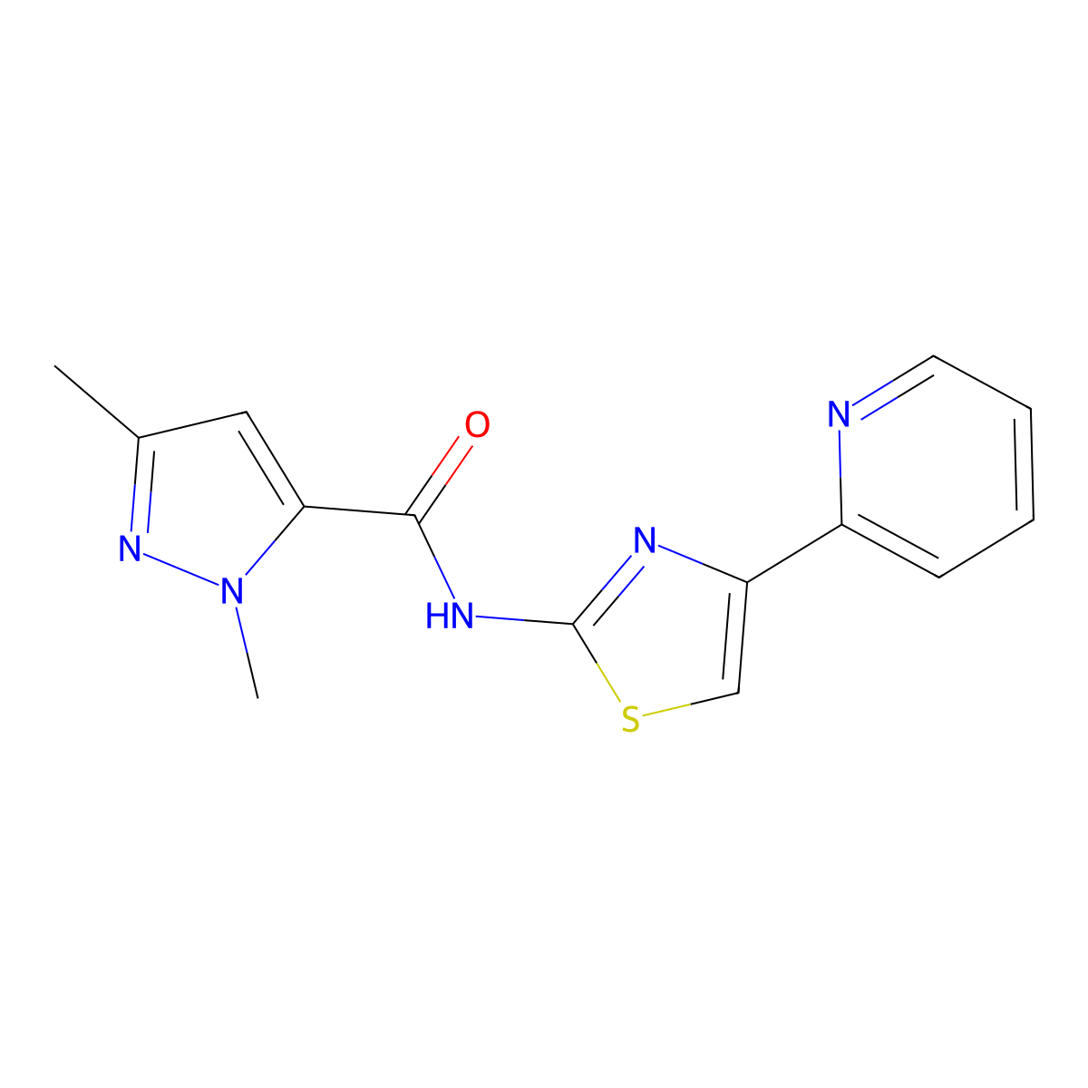 1,3-dimethyl-N-(4-(pyridin-2-yl)thiazol-2-yl)-1H-pyrazole-5-carboxamide molecular structure, CAS 1013796-82-1