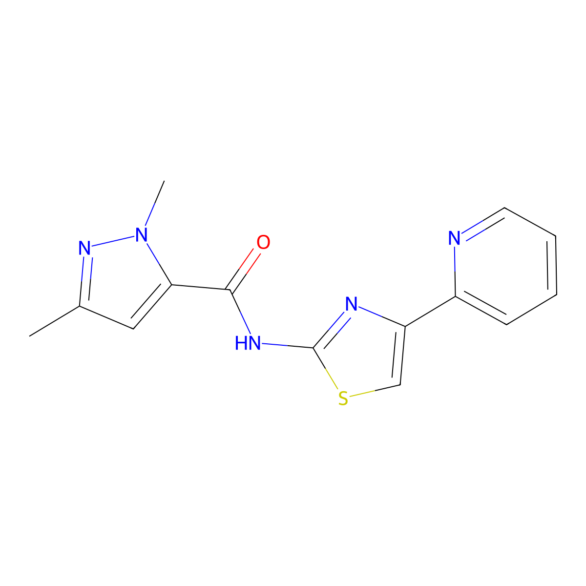 1,3-dimethyl-N-(4-(pyridin-2-yl)thiazol-2-yl)-1H-pyrazole-5-carboxamide molecular structure, CAS 1013796-82-1