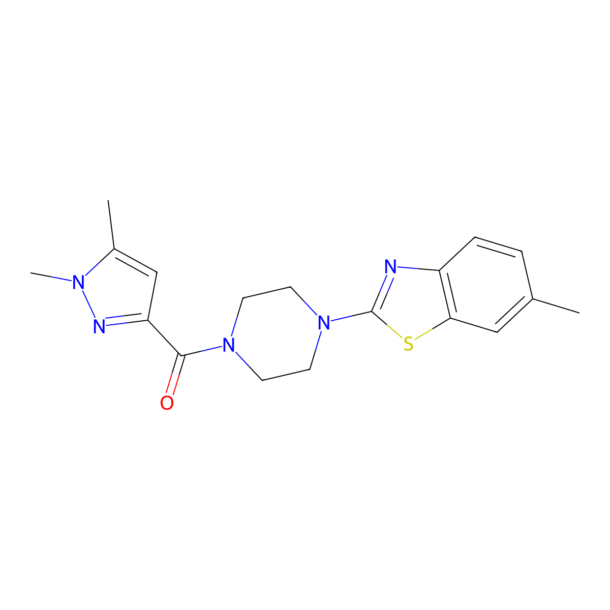 (1,5-dimethyl-1H-pyrazol-3-yl)(4-(6-methylbenzo[d]thiazol-2-yl)piperazin-1-yl)methanone molecular structure, CAS 1013797-42-6