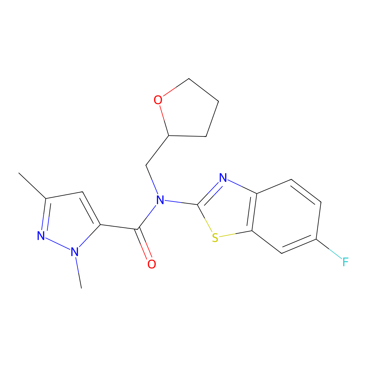 N-(6-fluorobenzo[d]thiazol-2-yl)-1,3-dimethyl-N-((tetrahydrofuran-2-yl)methyl)-1H-pyrazole-5-carboxamide molecular structure, CAS 1013797-85-7