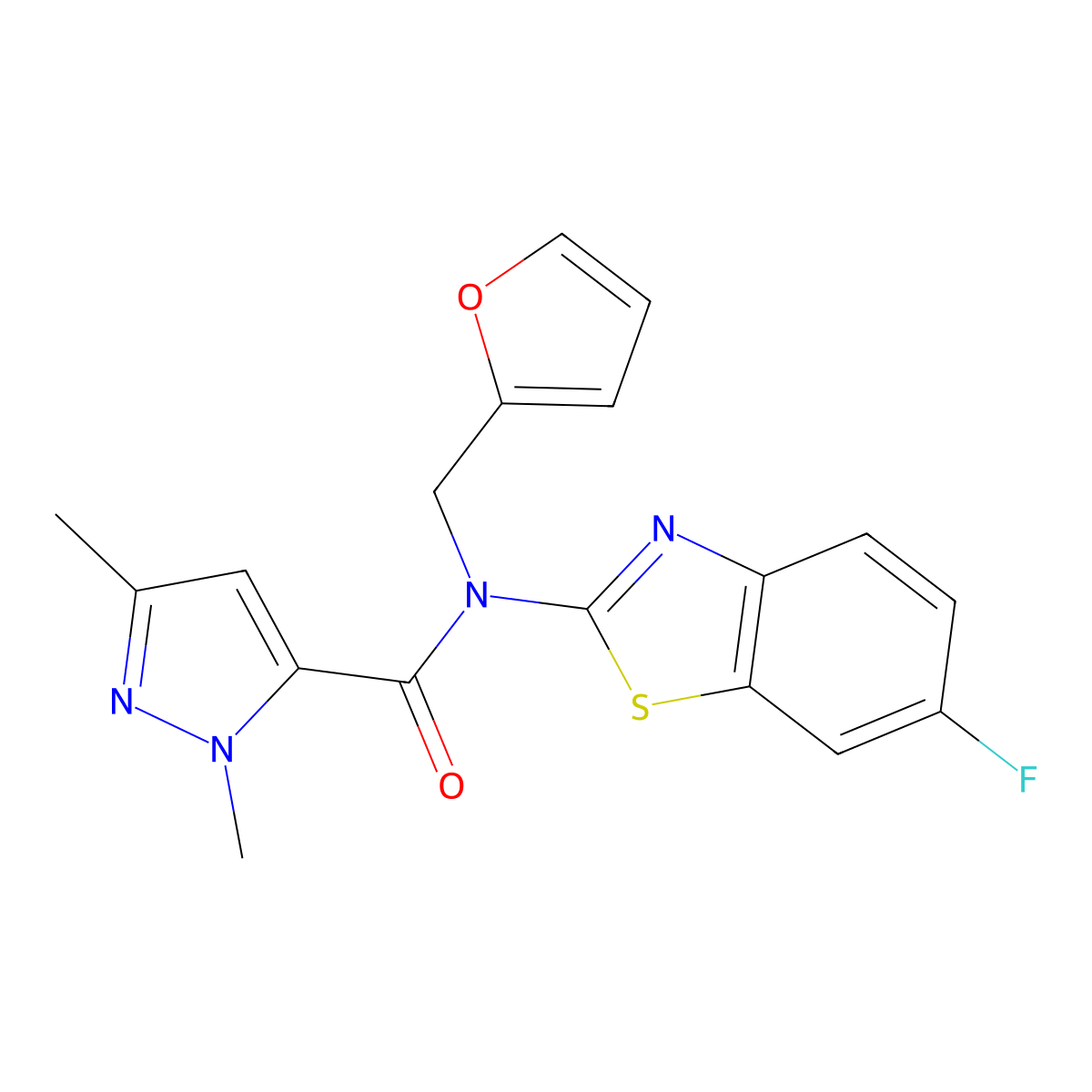 N-(6-fluorobenzo[d]thiazol-2-yl)-N-(furan-2-ylmethyl)-1,3-dimethyl-1H-pyrazole-5-carboxamide molecular structure, CAS 1013797-97-1