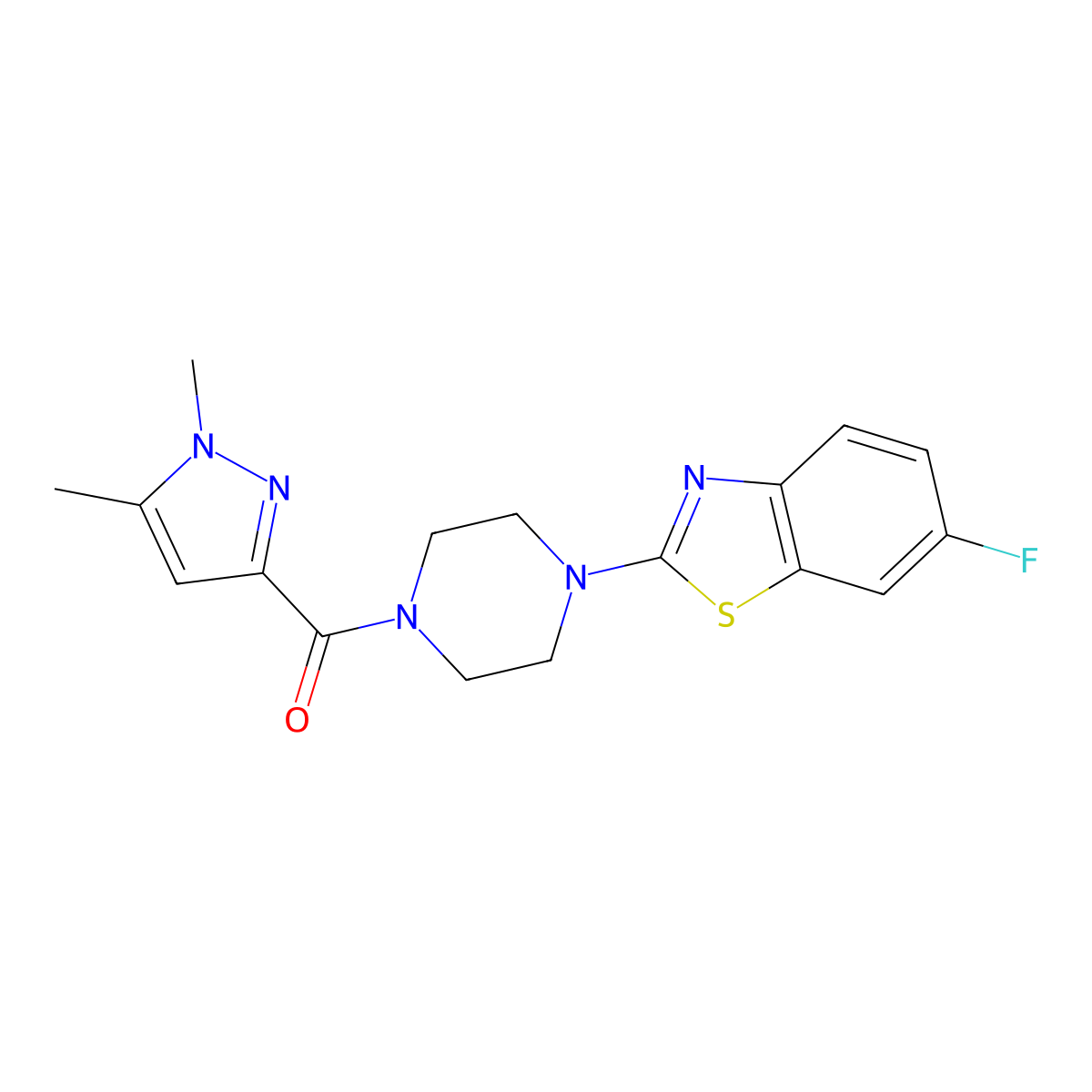 (1,5-dimethyl-1H-pyrazol-3-yl)(4-(6-fluorobenzo[d]thiazol-2-yl)piperazin-1-yl)methanone molecular structure, CAS 1013798-02-1