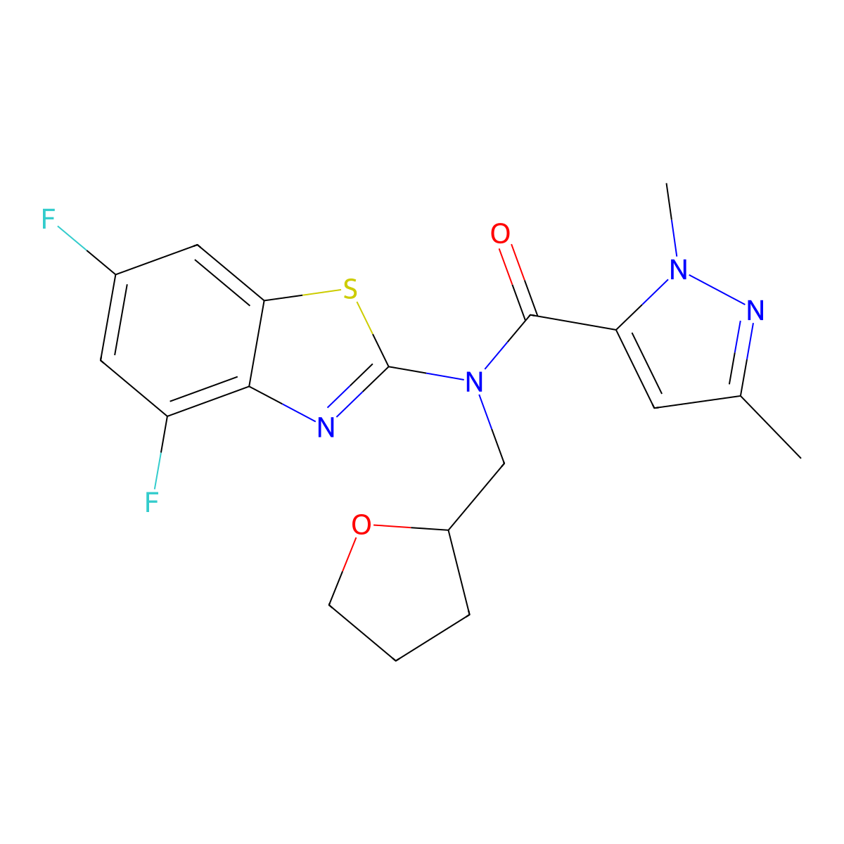 N-(4,6-difluorobenzo[d]thiazol-2-yl)-1,3-dimethyl-N-((tetrahydrofuran-2-yl)methyl)-1H-pyrazole-5-carboxamide molecular structure, CAS 1013798-28-1