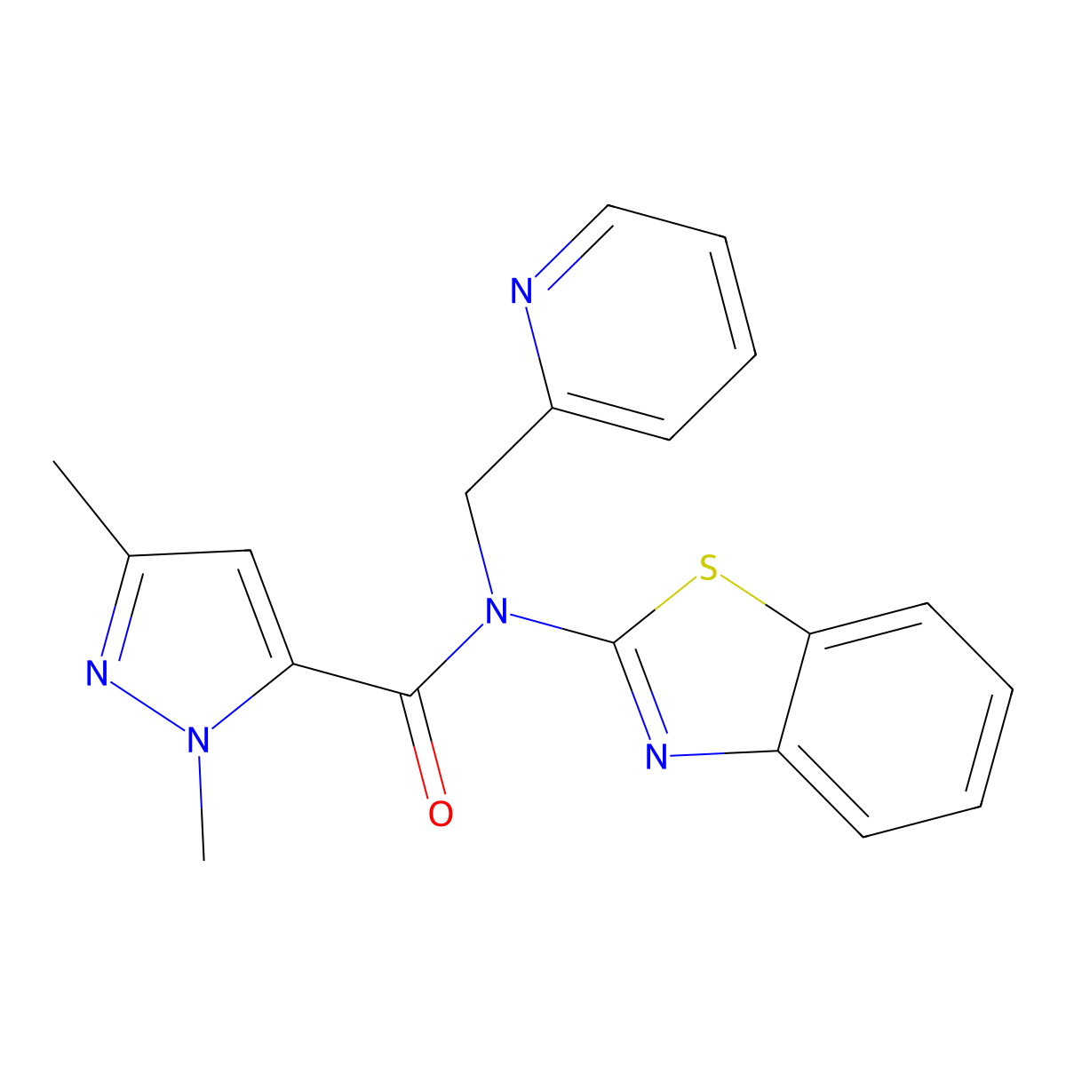 N-(benzo[d]thiazol-2-yl)-1,3-dimethyl-N-(pyridin-2-ylmethyl)-1H-pyrazole-5-carboxamide molecular structure, CAS 1013798-52-1