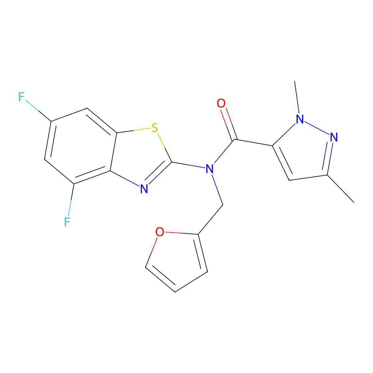 N-(4,6-difluorobenzo[d]thiazol-2-yl)-N-(furan-2-ylmethyl)-1,3-dimethyl-1H-pyrazole-5-carboxamide molecular structure, CAS 1013798-57-6