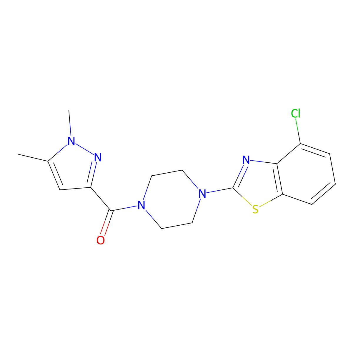 (4-(4-chlorobenzo[d]thiazol-2-yl)piperazin-1-yl)(1,5-dimethyl-1H-pyrazol-3-yl)methanone molecular structure, CAS 1013798-81-6