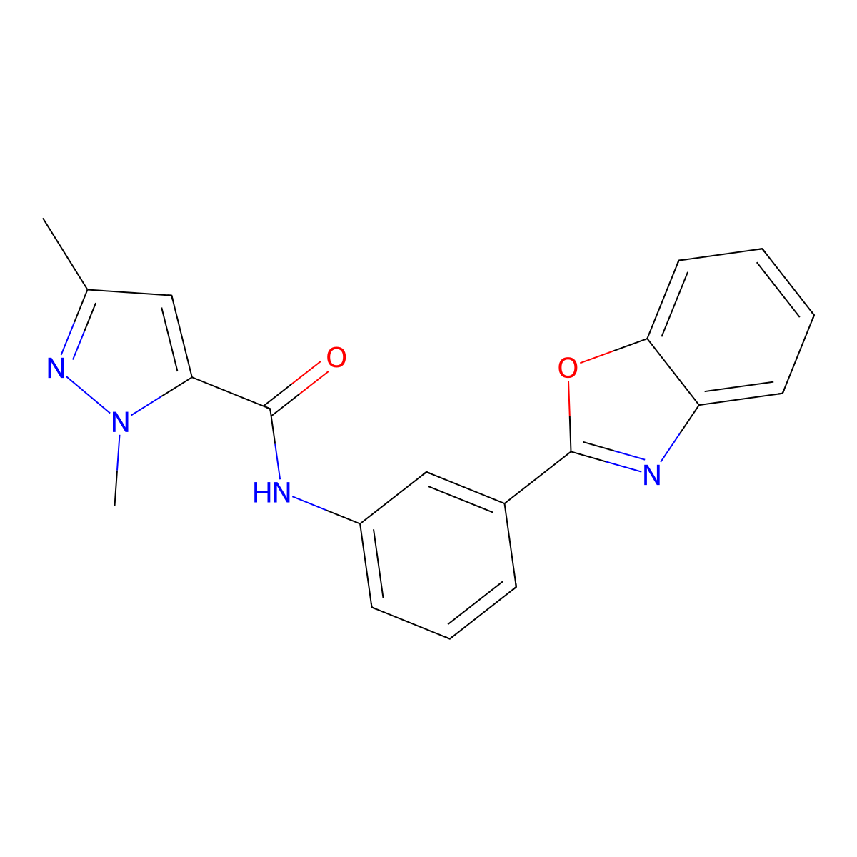 N-(3-(benzo[d]oxazol-2-yl)phenyl)-1,3-dimethyl-1H-pyrazole-5-carboxamide molecular structure, CAS 1013798-93-0