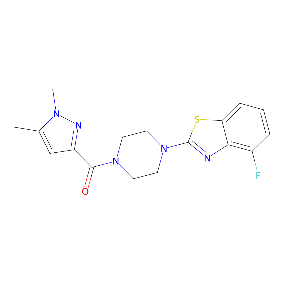 (1,5-dimethyl-1H-pyrazol-3-yl)(4-(4-fluorobenzo[d]thiazol-2-yl)piperazin-1-yl)methanone molecular structure, CAS 1013799-01-3