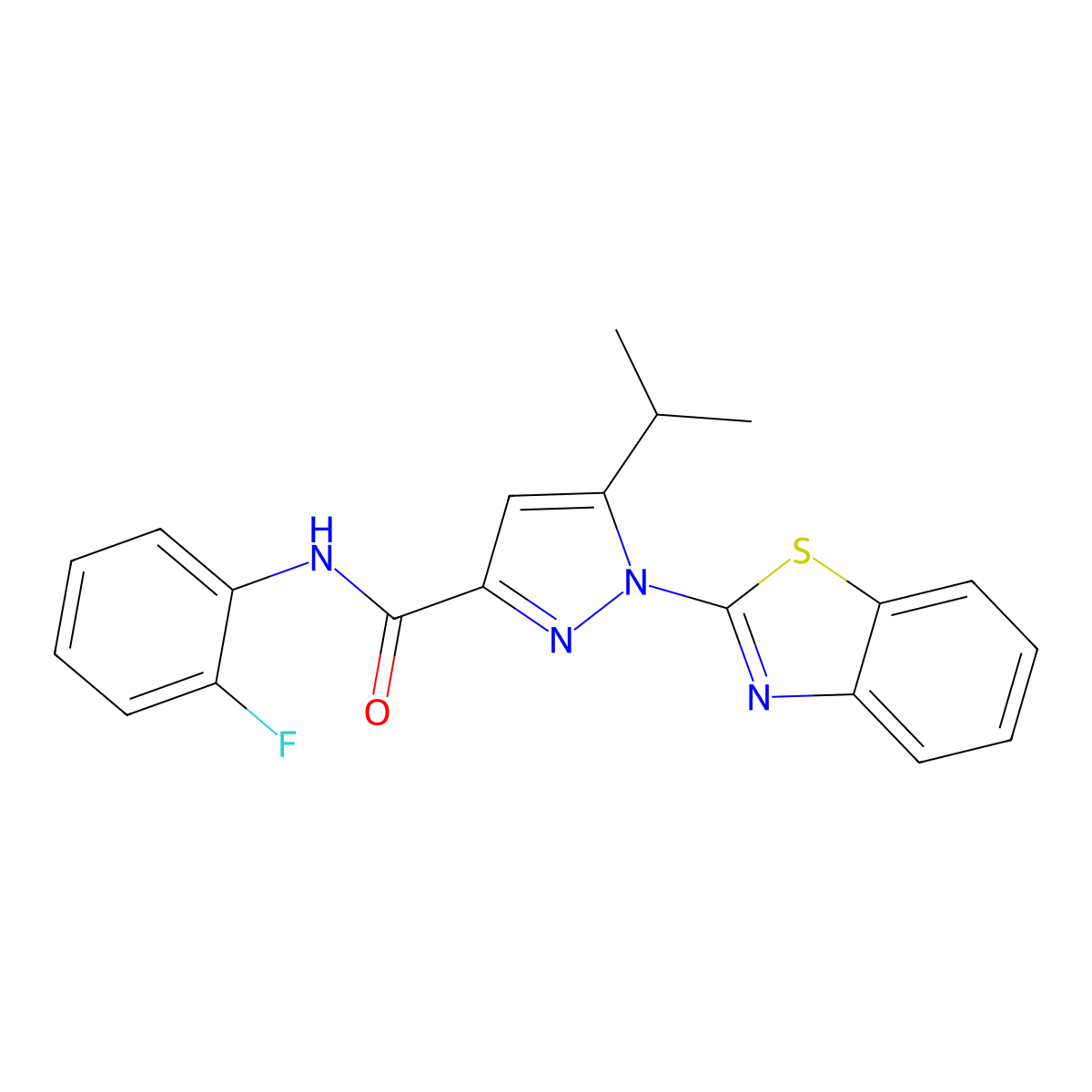 1-(benzo[d]thiazol-2-yl)-N-(2-fluorophenyl)-5-isopropyl-1H-pyrazole-3-carboxamide molecular structure, CAS 1013803-84-3