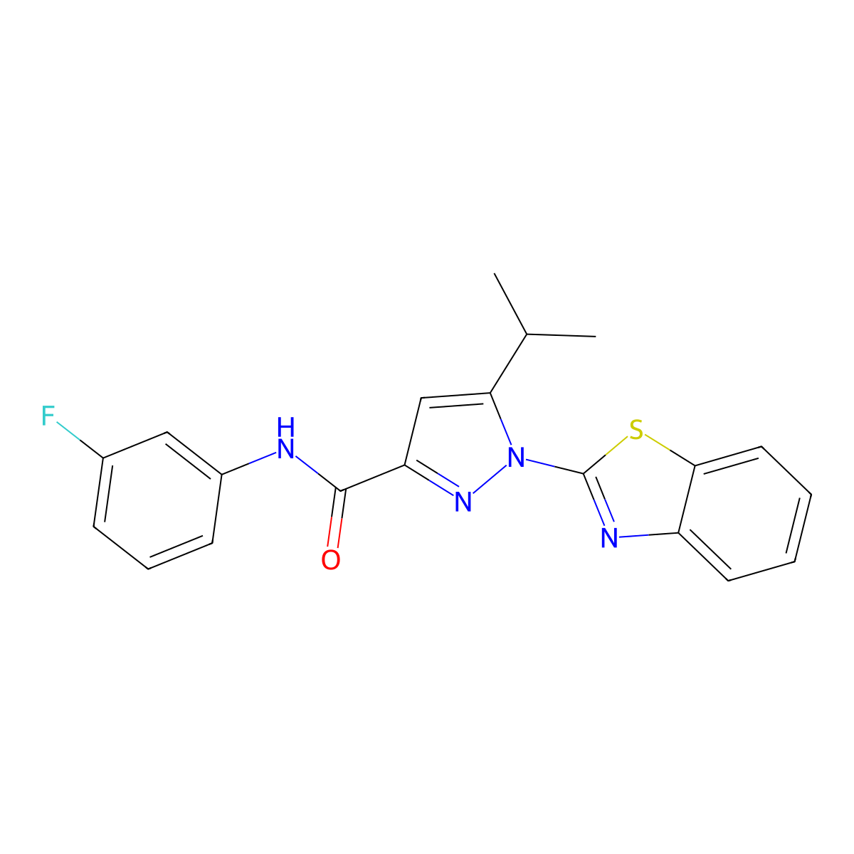 1-(benzo[d]thiazol-2-yl)-N-(3-fluorophenyl)-5-isopropyl-1H-pyrazole-3-carboxamide molecular structure, CAS 1013803-86-5