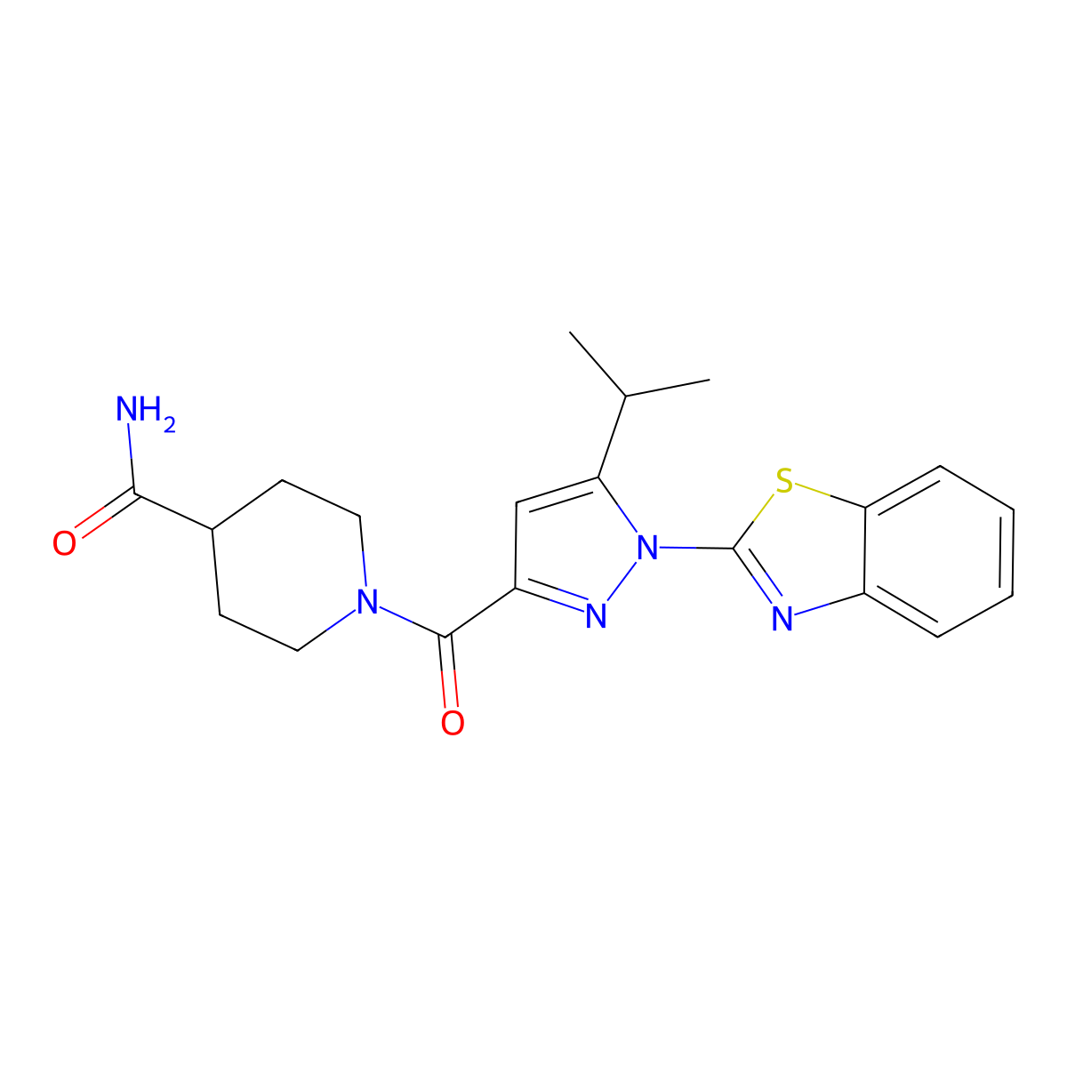 1-[1-(1,3-benzothiazol-2-yl)-5-(propan-2-yl)-1H-pyrazole-3-carbonyl]piperidine-4-carboxamide molecular structure, CAS 1013804-90-4