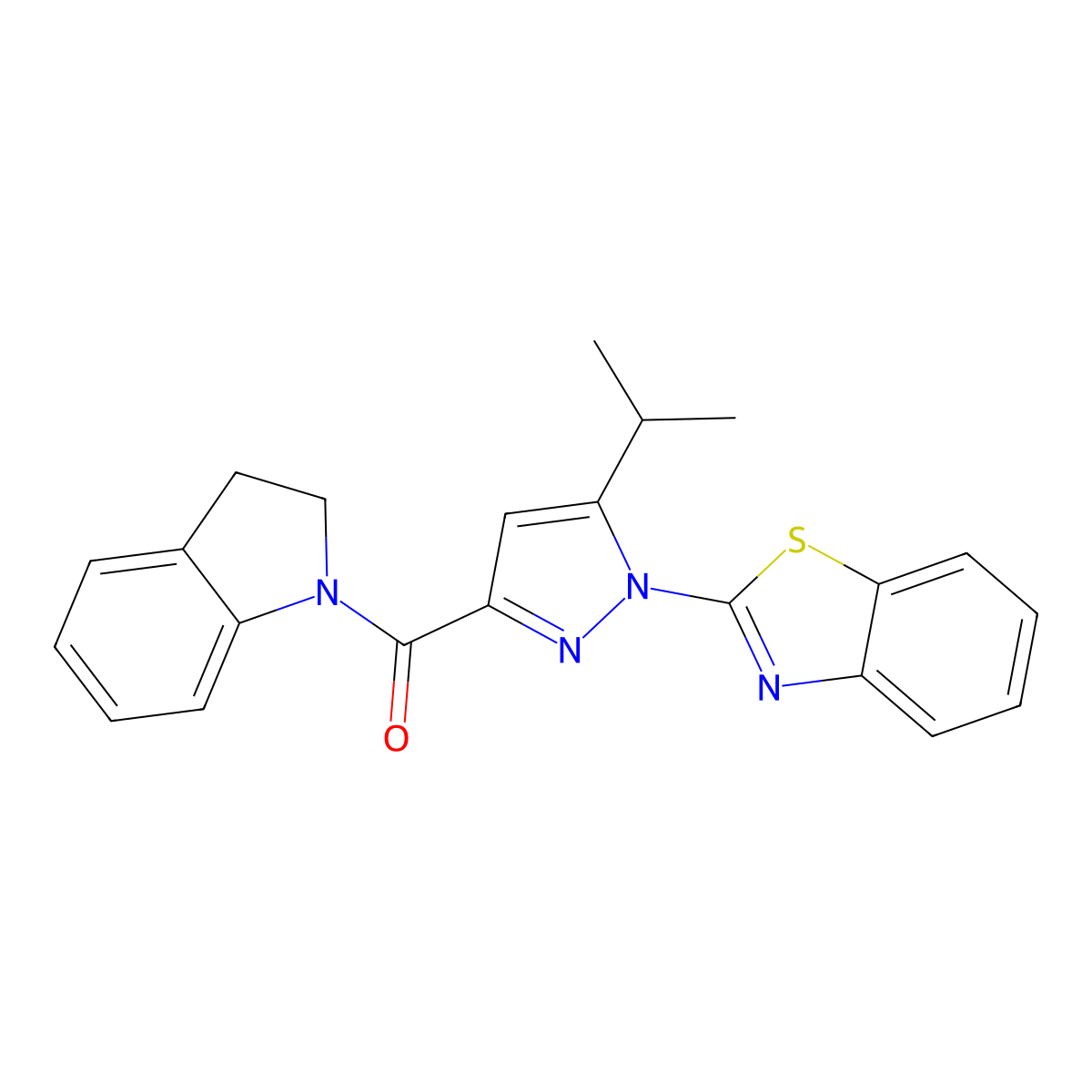 (1-(benzo[d]thiazol-2-yl)-5-isopropyl-1H-pyrazol-3-yl)(indolin-1-yl)methanone molecular structure, CAS 1013805-02-1