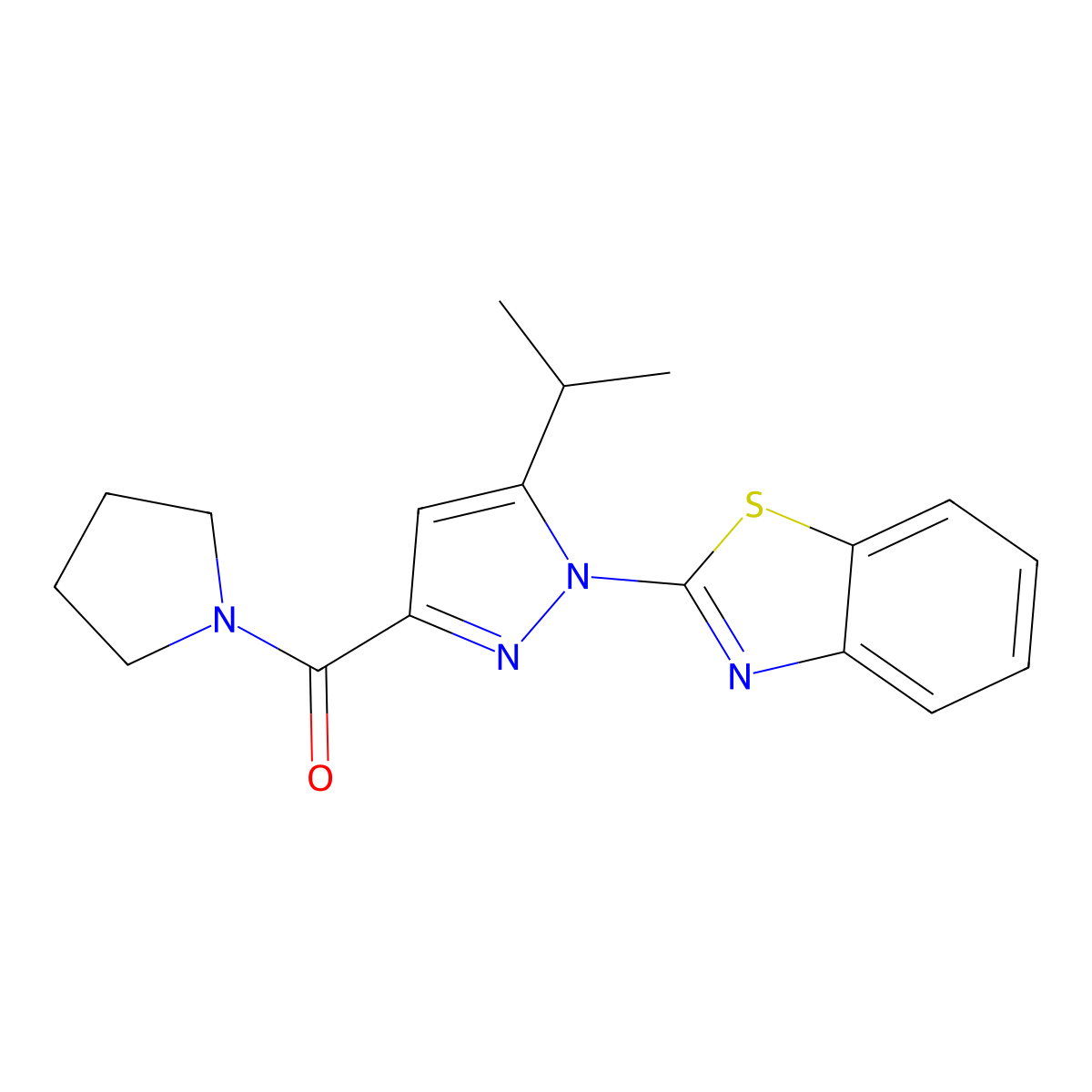 (1-(benzo[d]thiazol-2-yl)-5-isopropyl-1H-pyrazol-3-yl)(pyrrolidin-1-yl)methanone molecular structure, CAS 1013805-08-7