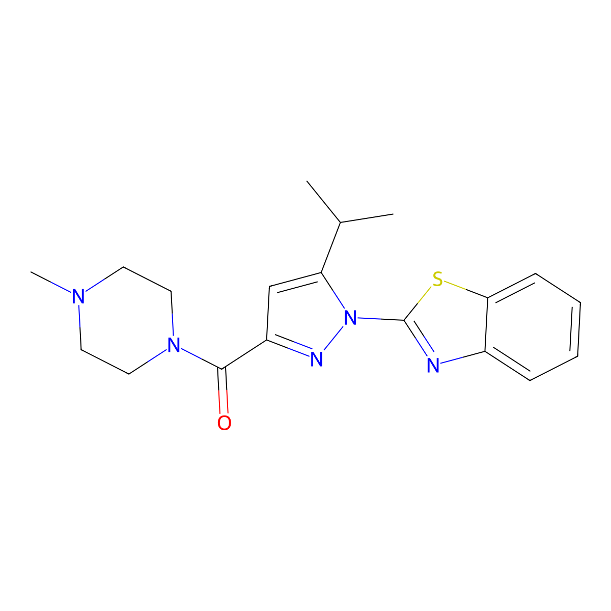 (1-(benzo[d]thiazol-2-yl)-5-isopropyl-1H-pyrazol-3-yl)(4-methylpiperazin-1-yl)methanone molecular structure, CAS 1013805-12-3