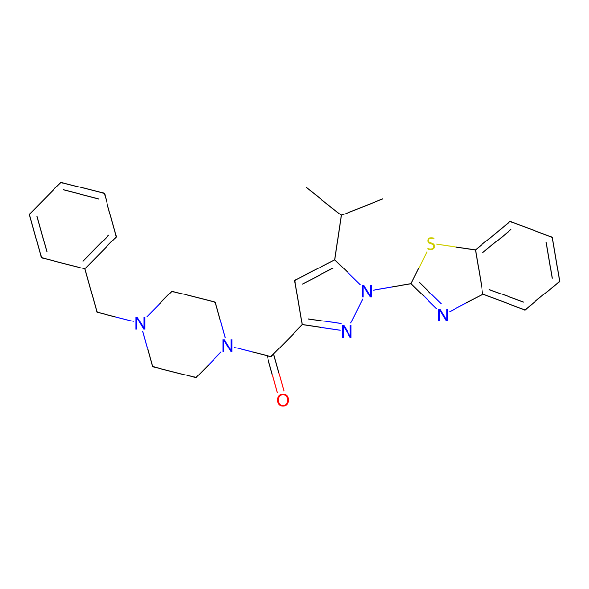 (1-(benzo[d]thiazol-2-yl)-5-isopropyl-1H-pyrazol-3-yl)(4-benzylpiperazin-1-yl)methanone molecular structure, CAS 1013805-17-8