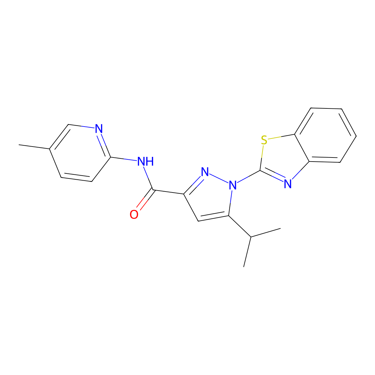 1-(benzo[d]thiazol-2-yl)-5-isopropyl-N-(5-methylpyridin-2-yl)-1H-pyrazole-3-carboxamide molecular structure, CAS 1013805-40-7