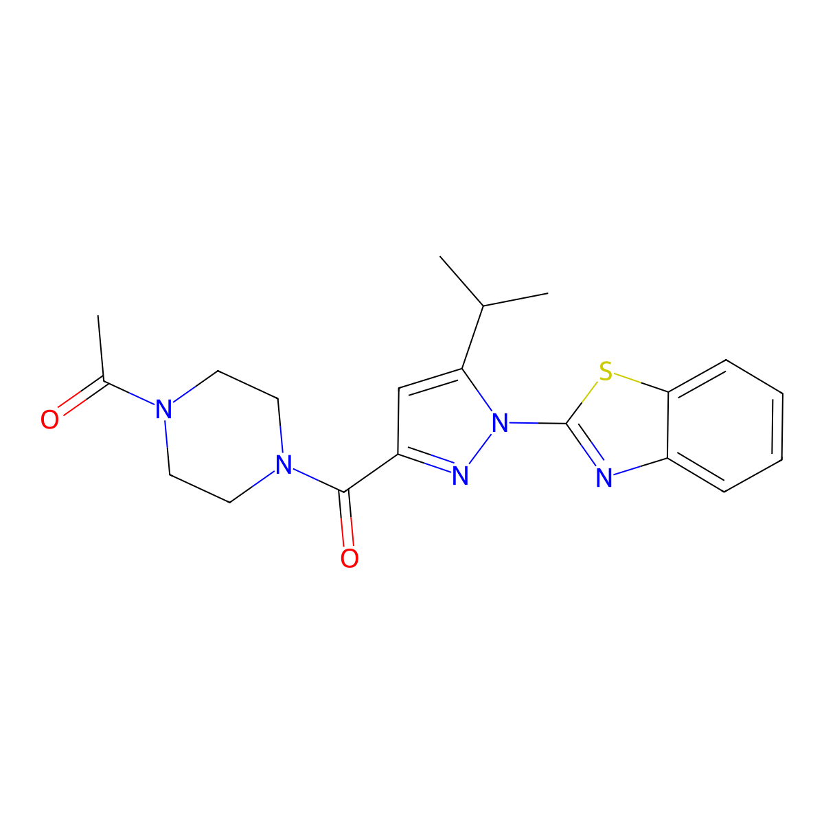 1-(4-(1-(benzo[d]thiazol-2-yl)-5-isopropyl-1H-pyrazole-3-carbonyl)piperazin-1-yl)ethanone molecular structure, CAS 1013805-59-8
