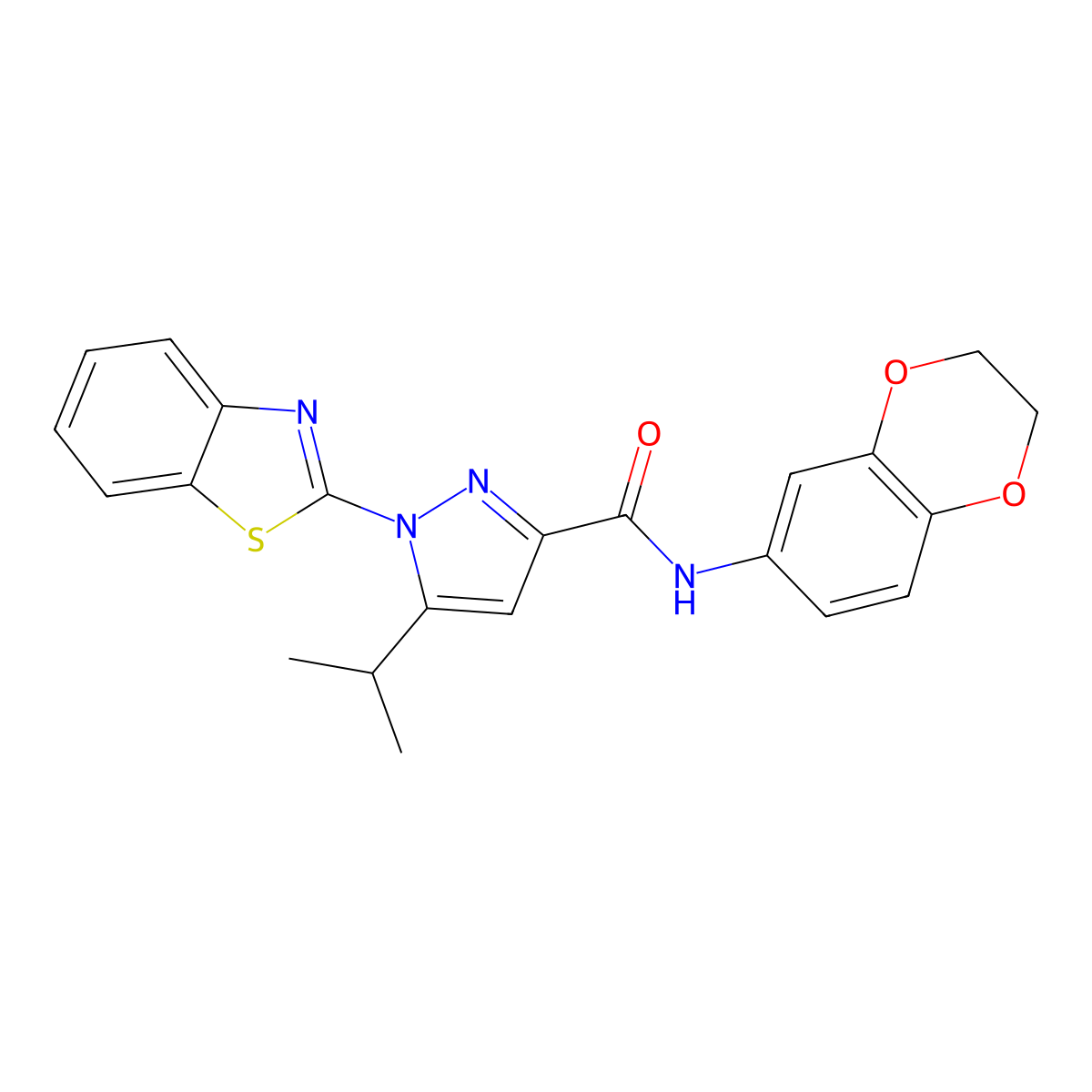 1-(benzo[d]thiazol-2-yl)-N-(2,3-dihydrobenzo[b][1,4]dioxin-6-yl)-5-isopropyl-1H-pyrazole-3-carboxamide molecular structure, CAS 1013806-19-3
